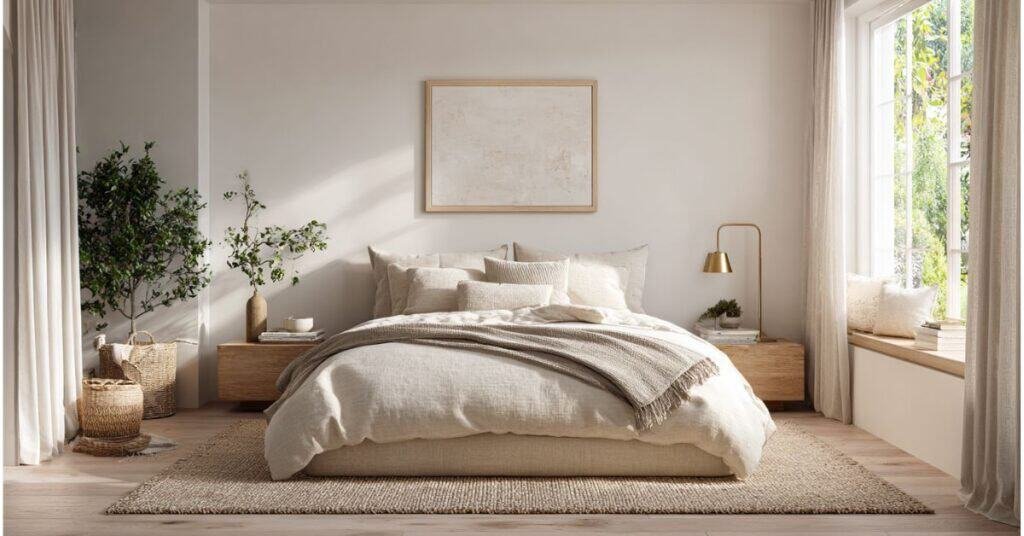 Small neutral bedroom with high cream curtains, light wood nightstands, beige bedding, and an airy layout that makes the room feel larger.