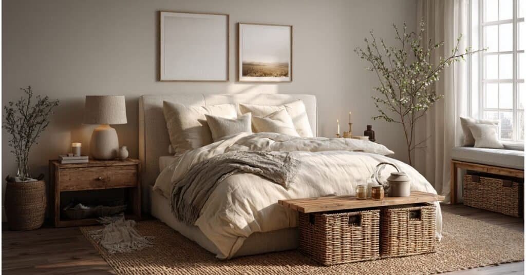 Small neutral bedroom with woven basket storage, rustic wood furniture, cream bedding, and warm natural lighting.