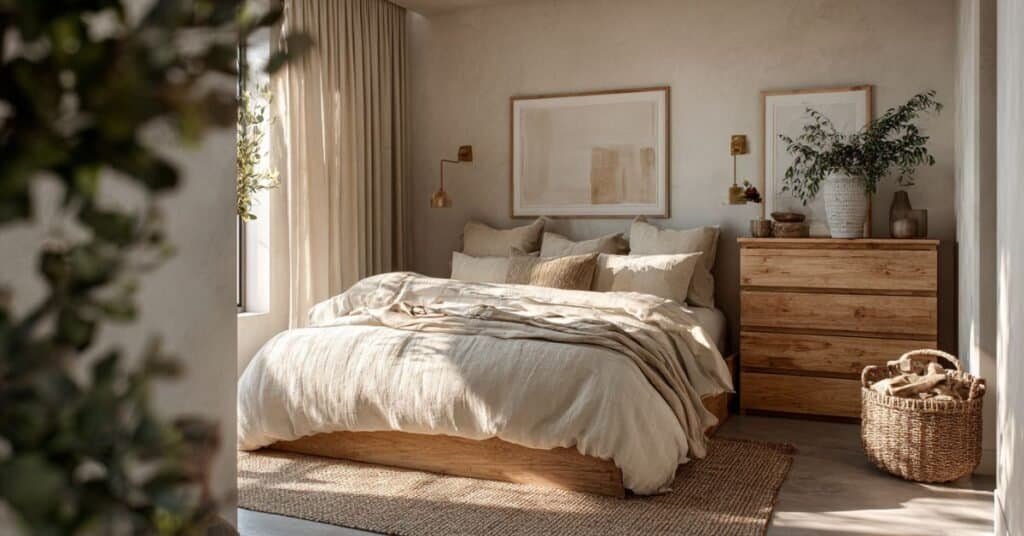 Small rental bedroom with neutral bedding, warm lighting, beige curtains, woven textures, and cozy apartment styling.