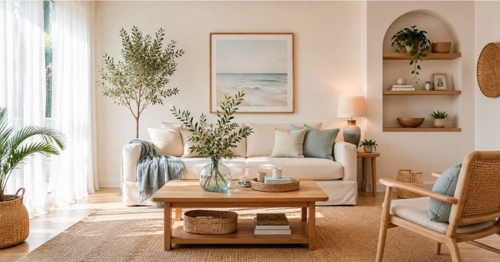 Small summer living room with linen pillows, woven textures, and airy neutral decor.