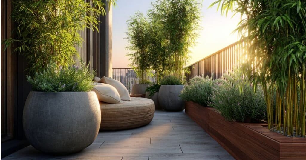Sunny balcony with bamboo and ornamental grasses creating outdoor privacy.