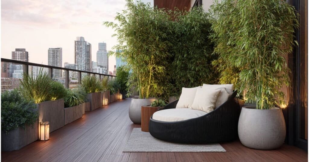 Tall potted balcony plants creating privacy around a modern seating area.