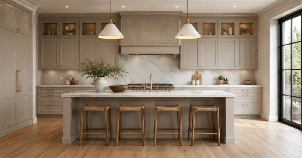 Transitional kitchen with ceiling height cabinets, warm brass hardware, and clean upper cabinet styling