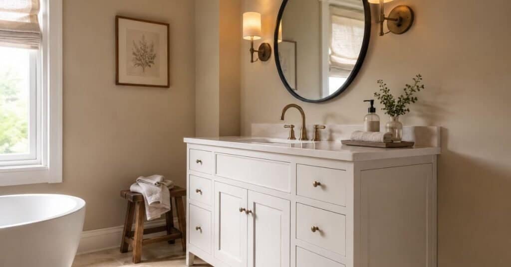 Budget bathroom vanity refresh with updated mirror, lighting, and hardware in a neutral bathroom.