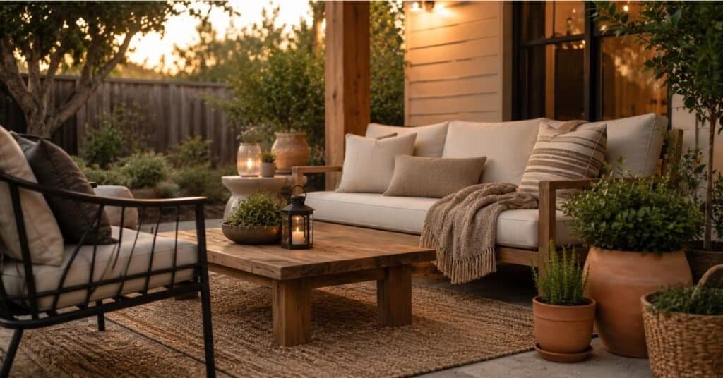 Budget friendly outdoor furniture with neutral seating, warm cushions, wood coffee table, outdoor rug, and planters.