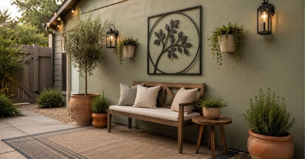 Budget patio wall decor ideas with painted wall, outdoor art, wall planters, and cozy seating.