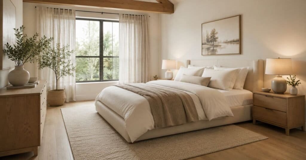 Calm bedroom layout with clear walking space, neutral bedding, light oak nightstands, soft rug, and warm bedside lamps.