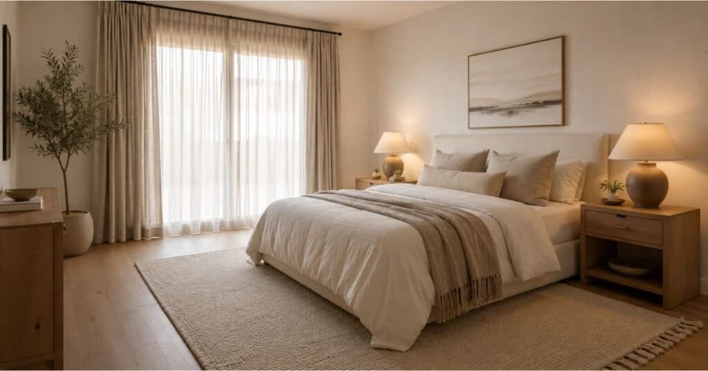 Calming bedroom with warm white walls, beige bedding, taupe throw blanket, soft curtains, and warm bedside lighting.