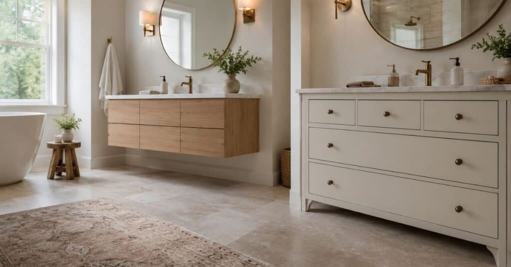 Clean bathroom vanity area comparing daily use around floating and freestanding bathroom vanities.