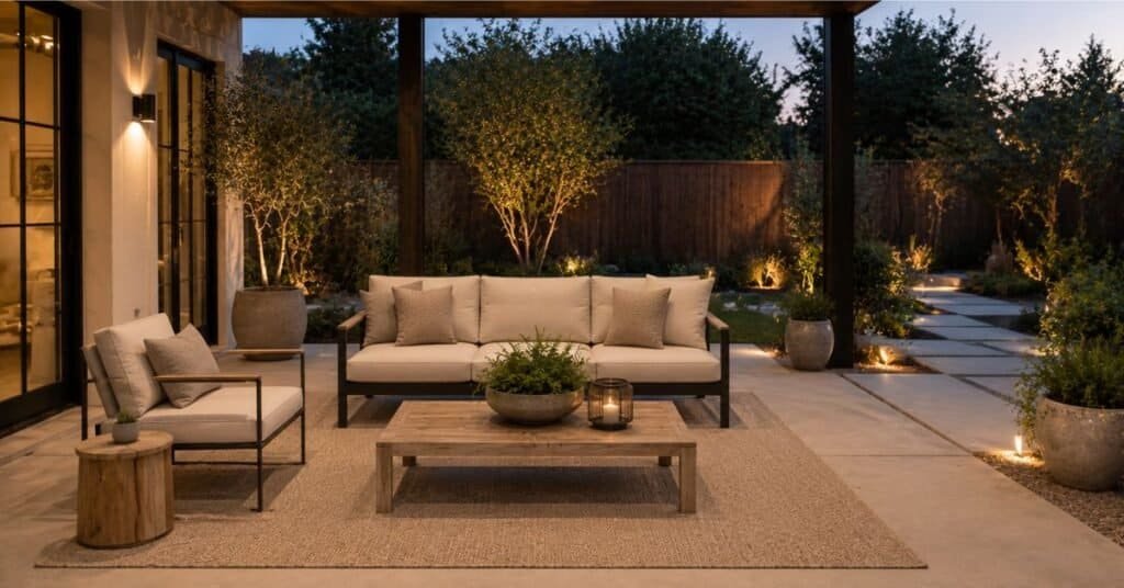 Clean patio furniture layout with fewer pieces, open walking space, warm lighting, neutral cushions, and planters.
