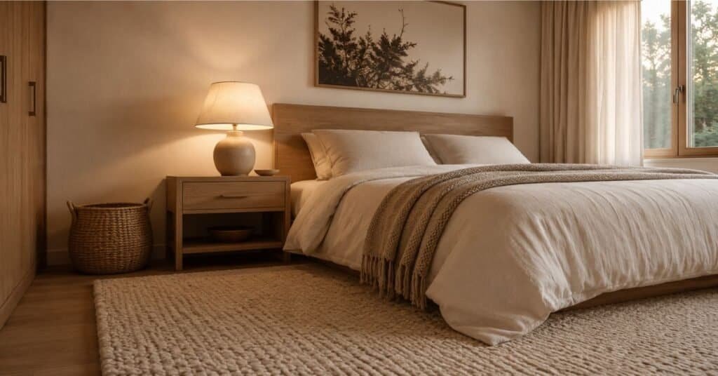 Clutter free bedroom with clear nightstand, soft neutral bedding, woven basket, warm lamp, and calm sleep friendly styling.