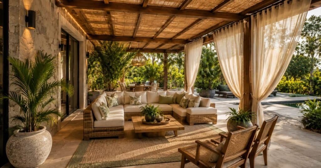 Covered outdoor living room with pergola shade, curtains, and tropical patio seating.