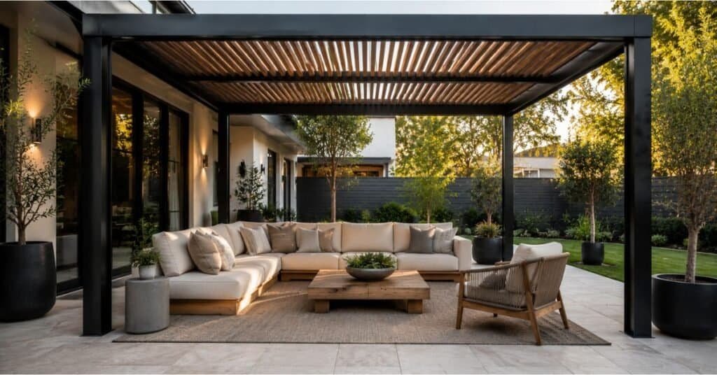 Covered outdoor living room with properly sized pergola protecting patio furniture.