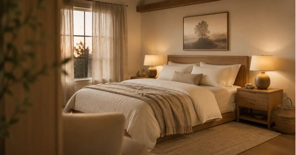 Cozy clutter free bedroom with neutral bedding, warm bedside lamps, woven basket, linen curtains, and natural wood nightstands.