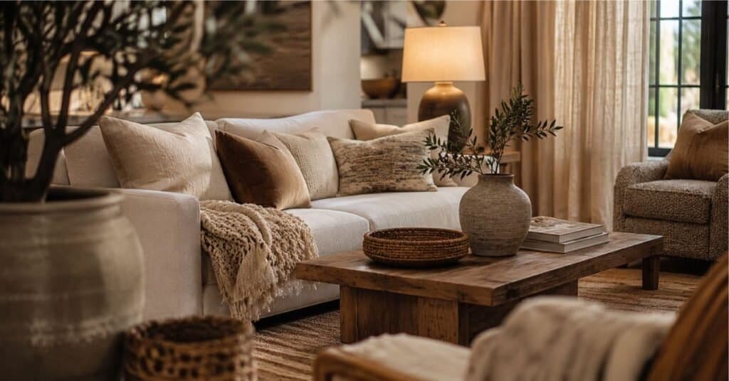 Cozy living room with layered pillows, a knit throw, wood coffee table, woven basket, textured chair, and warm soft lighting