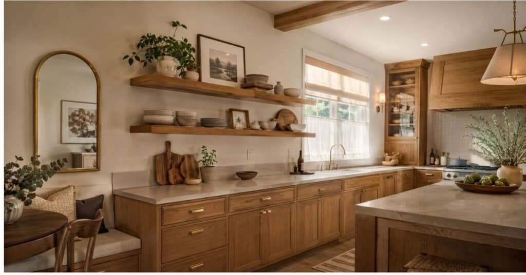 Farmhouse kitchen with floating shelves, framed wall art, warm wood tones, and polished wall decor