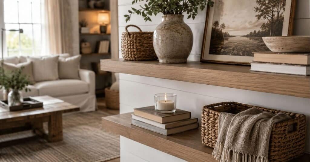 Farmhouse modern living room with budget friendly minimalist shelves, thrifted ceramic vase, stacked books, woven baskets, framed art, and warm wood accents.