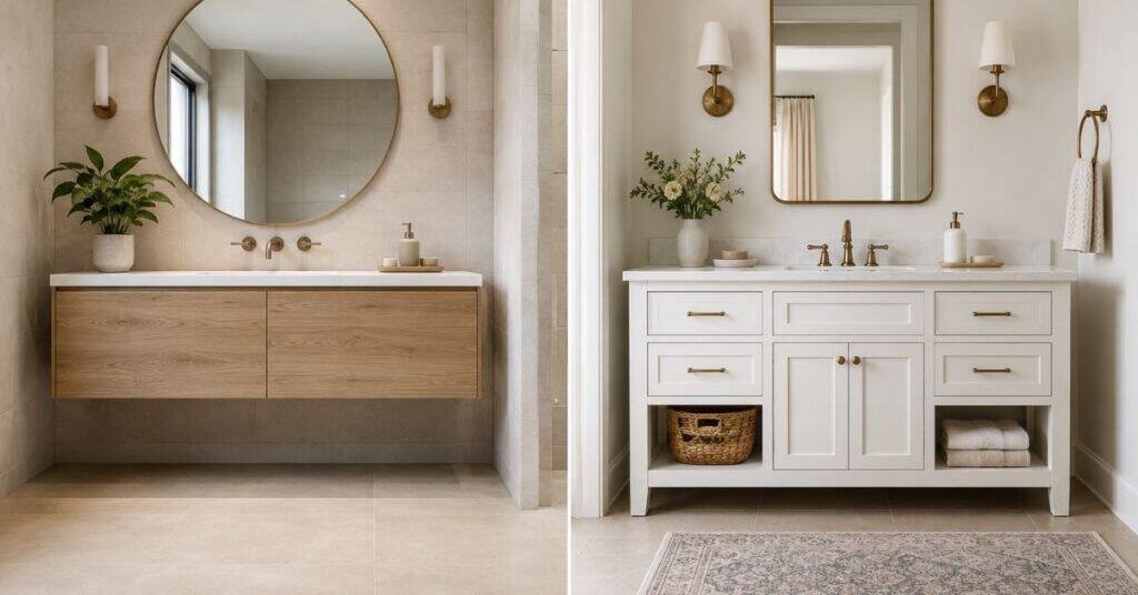 Floating and freestanding bathroom vanity comparison for choosing the best style for a remodel.