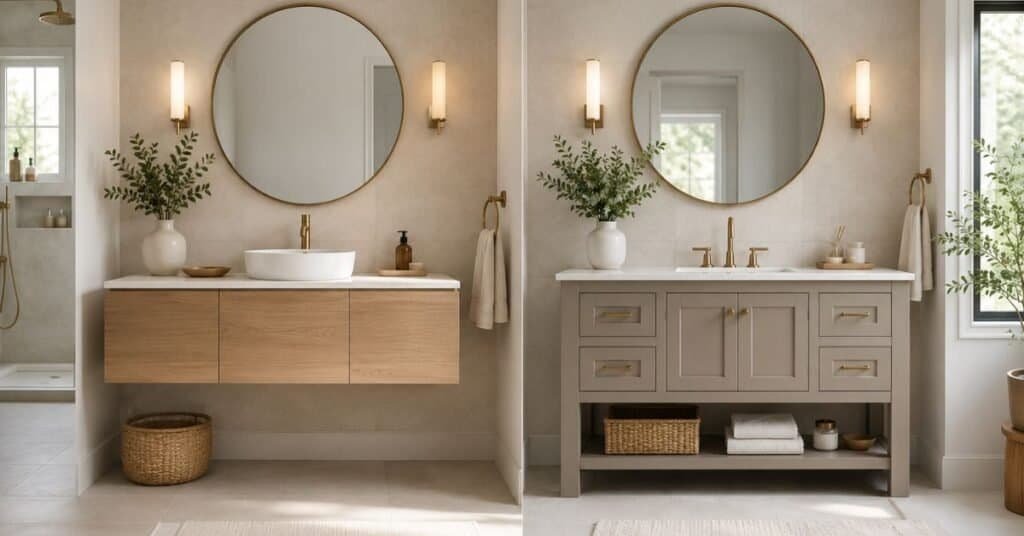 Floating vs freestanding bathroom vanities shown in a modern neutral bathroom comparison.