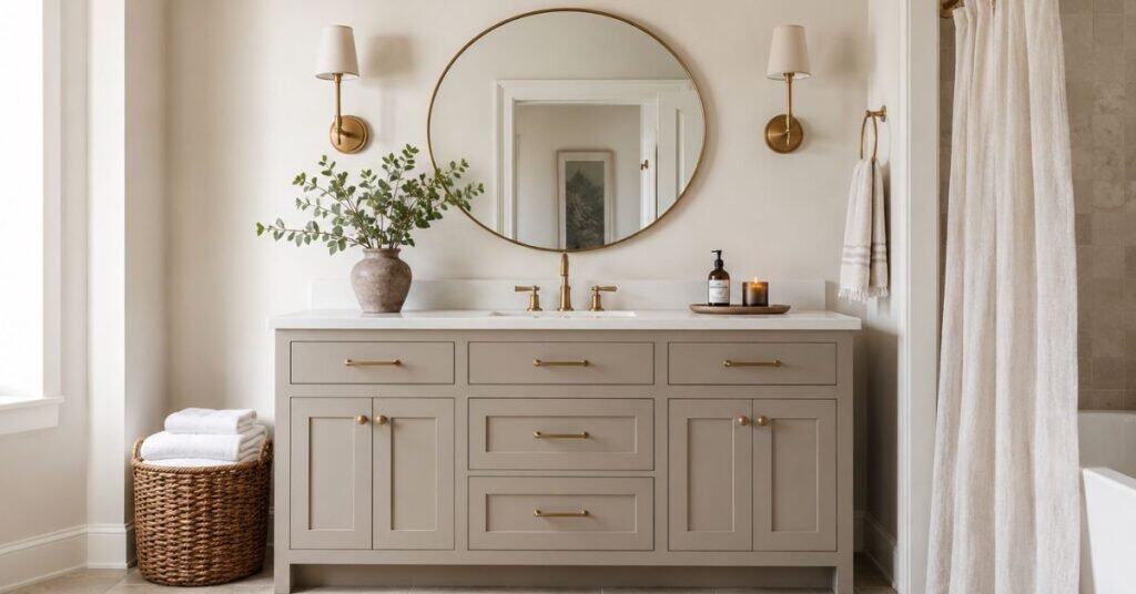 Freestanding bathroom vanity with drawers and cabinet storage in a warm modern bathroom.