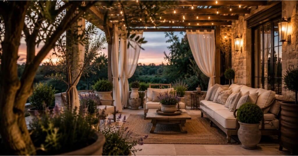 French Country covered outdoor living room with pergola lighting, rug, and greenery.