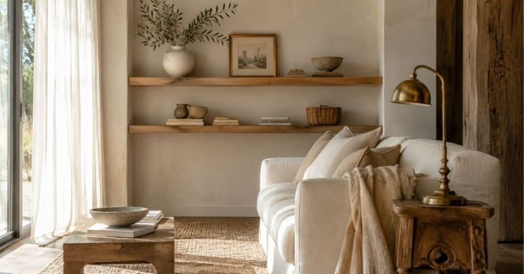 French Country minimalist living room with open shelves, stacked books, ceramic vase, framed art, woven basket, stone bowl, and warm neutral styling.