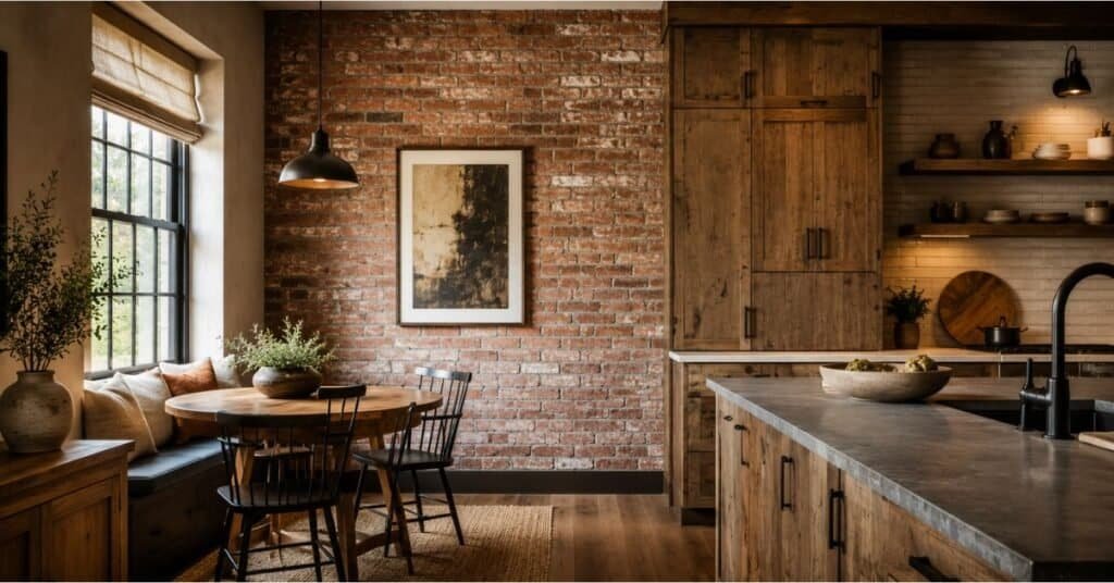 Industrial kitchen with brick accent wall, warm wood cabinets, simple wall art, and open dining nook