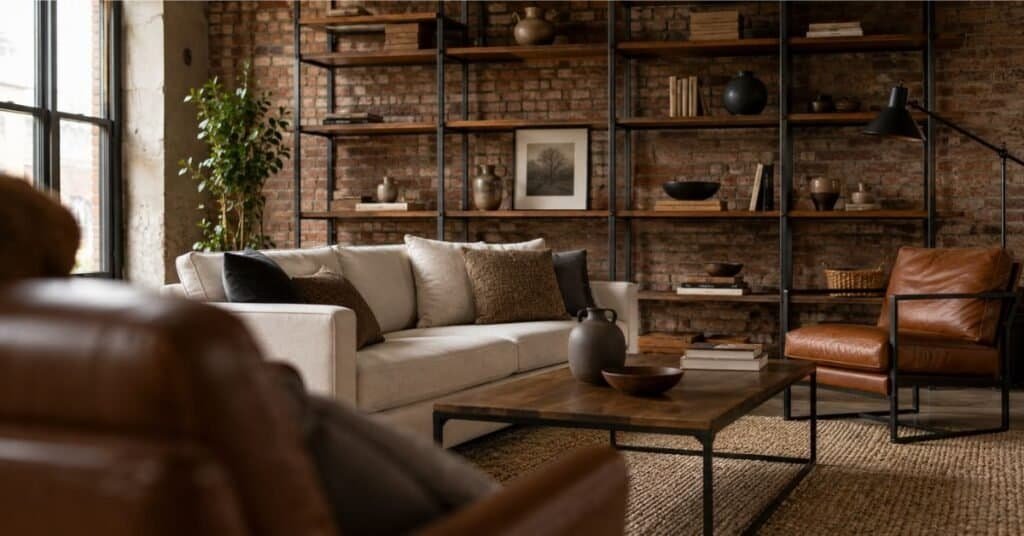 Industrial modern living room with minimalist shelves, brick wall, metal shelving, books, ceramics, baskets, framed art, and open shelf spacing. Minimalist shelves can go