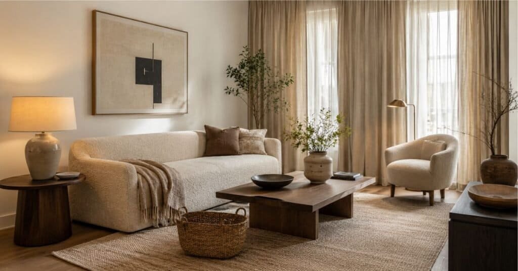 Living room with a textured sofa, woven rug, linen curtains, warm wood coffee table, and layered neutral materials