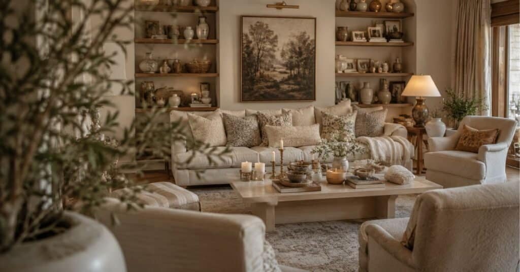Living room with too many small textured accessories and too little contrast between soft and smooth materials