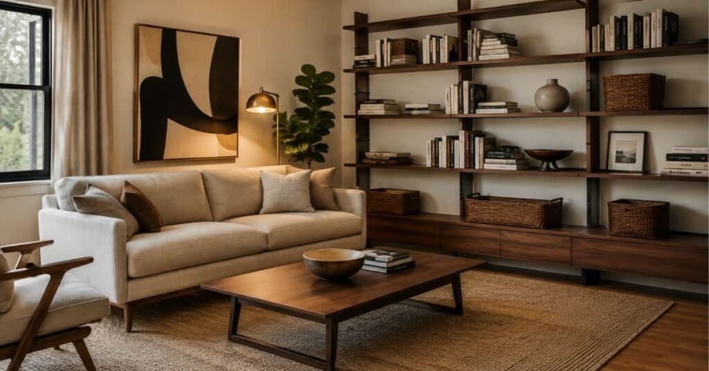 Mid century modern living room with minimalist shelves, books, woven baskets, framed art, ceramic vase, and open shelf spacing.