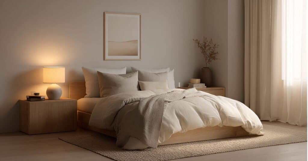 Minimalist bedroom with linen bedding, folded throw, slim nightstand, ceramic dish, warm lamp, and calm open surfaces.