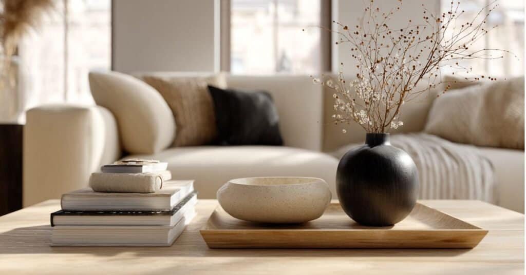 Minimalist coffee table accessories with a ceramic vase, sculptural bowl, wood tray, book stack, and open tabletop space.