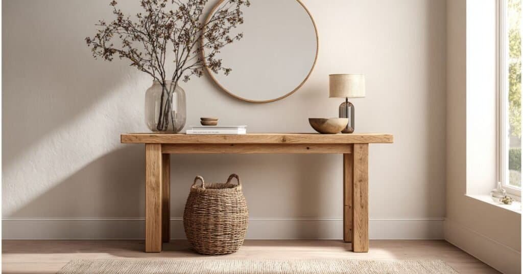 Minimalist entryway with a light oak console, ceramic bowl, warm lamp, round mirror, woven basket, and calm open surface.