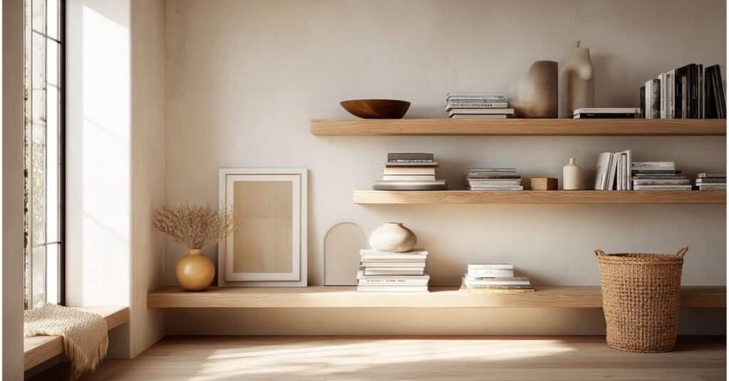 Minimalist floating shelves with stacked books, ceramic bowl, stoneware vase, framed art, woven basket, and open space.