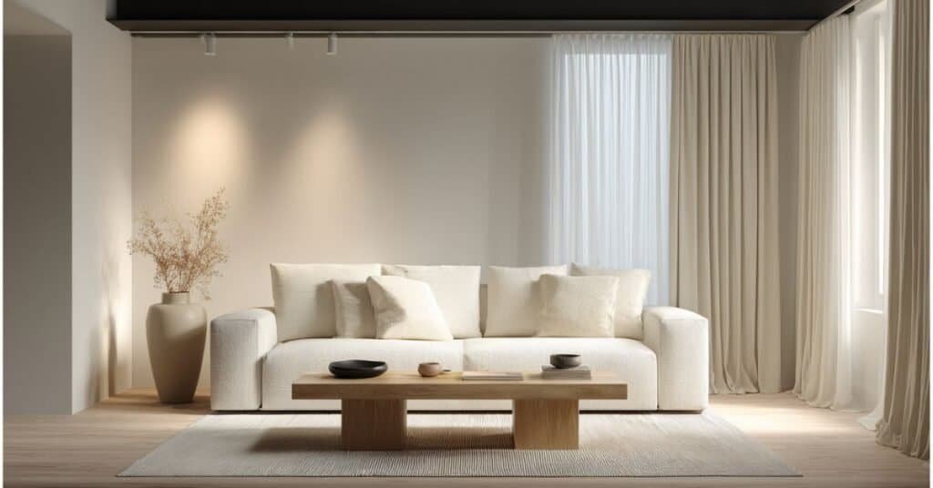 Minimalist living room with ceramic vase, sculptural bowl, simple tray, open coffee table space, and soft neutral decor.