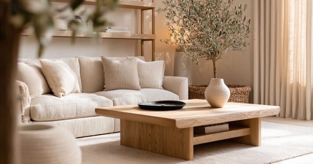 Minimalist living room with edited accessories, open coffee table space, ceramic vase, tray, woven basket, and warm lighting.