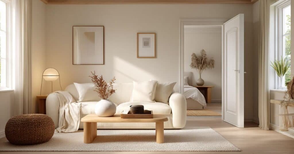 Minimalist open concept home with ceramic vase, simple tray, woven basket, linen throw, warm lamp, and calm room by room styling.