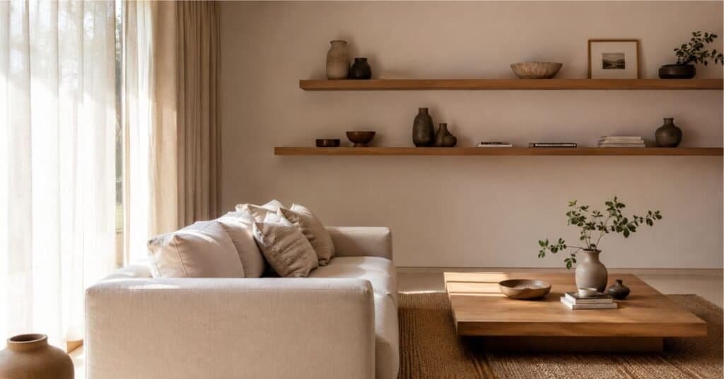 Modern Zen living room with minimalist floating shelves, light oak wood, ceramic vases, framed art, books, plant, and open wall space.