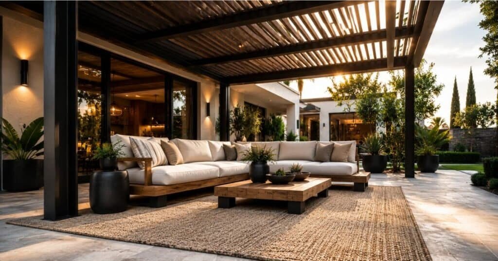 Modern covered outdoor living room with properly sized pergola over patio seating and open airflow.