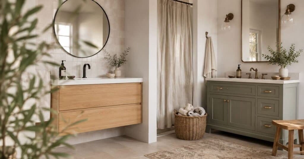 Modern floating vanity and warm freestanding vanity style ideas for bathroom décor.