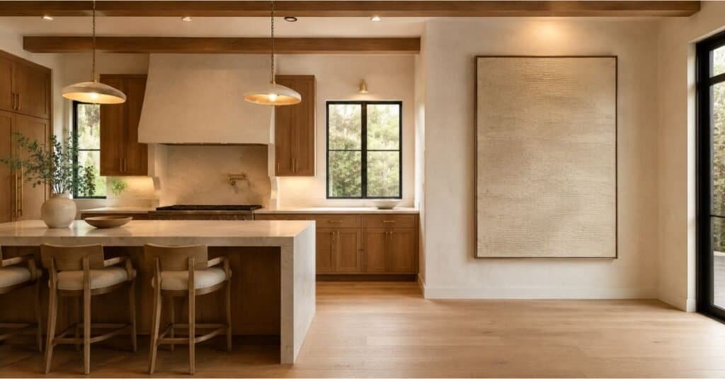 Modern kitchen with oversized wall art, warm wood cabinets, creamy walls, and a grand polished look