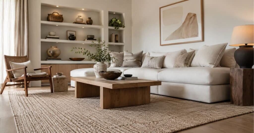 Modern living room with minimalist shelves, neutral books, ceramic vases, woven baskets, framed art, and warm wood accents.