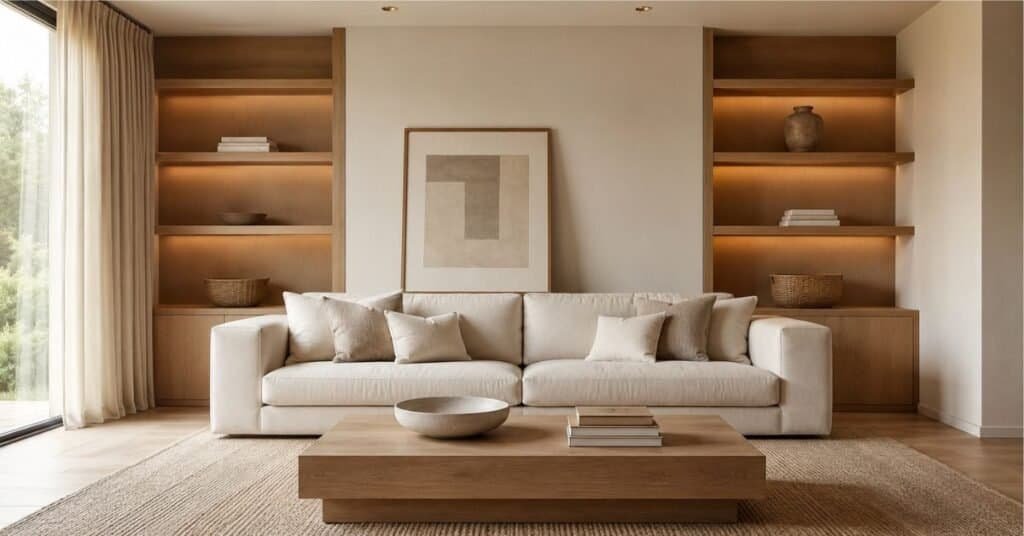 Modern minimalist living room with light oak shelves, stacked books, ceramic bowl, framed art, woven basket, and open shelf space.