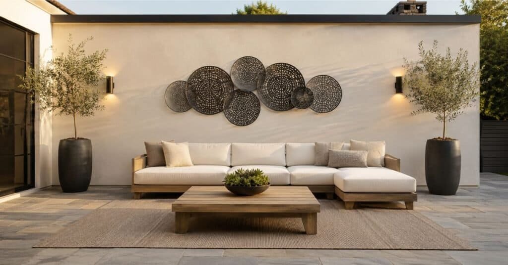 Modern patio wall decor ideas with outdoor metal art, neutral sofa, and warm wall sconces.
