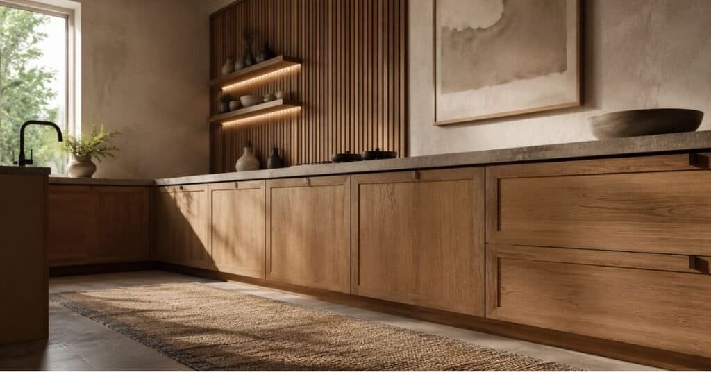 Modern rustic kitchen with wood slat wall, plaster texture, warm cabinets, and simple framed art