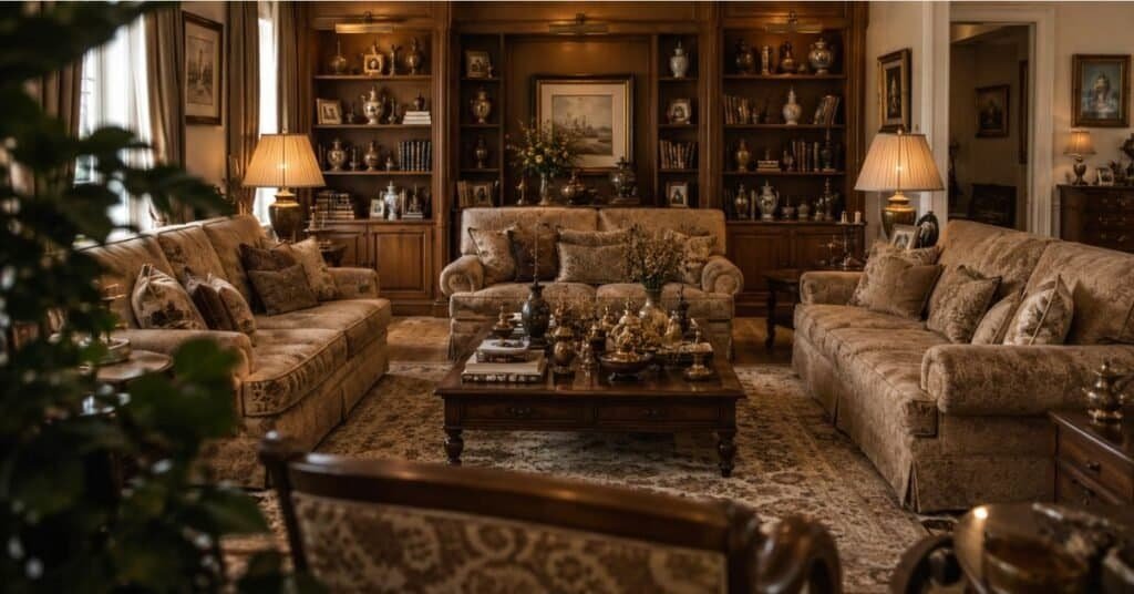 Modern vintage living room that feels too matched and overstyled, showing common mistakes that make the space fall flat