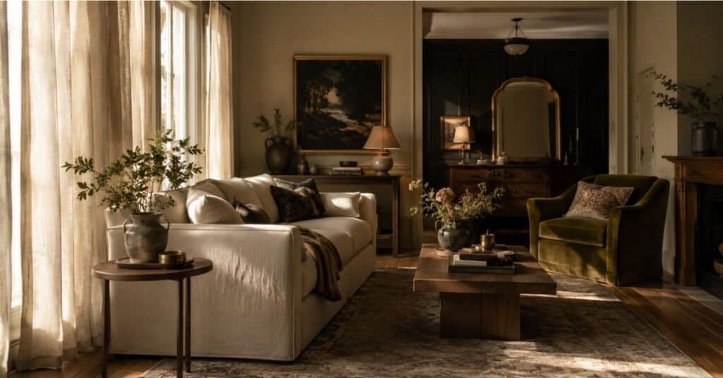 Modern vintage living room with a calm neutral base, darker accents, warm wood, brass lighting, and layered textures