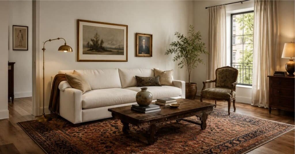 Modern vintage living room with a cream sofa, carved wood table, vintage art, and warm layered lighting