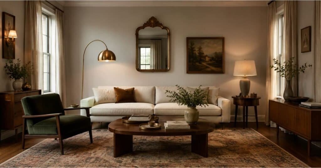Modern vintage living room with a light sofa, dark wood coffee table, ornate mirror, and warm layered lighting